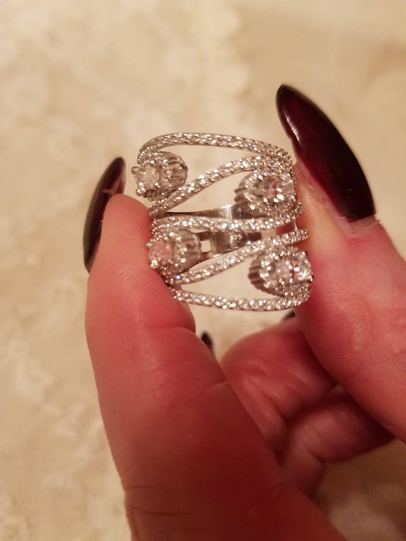 7 Vintage White Topaz Gemstone Sterling Silver Wide Double Band 3 ct Size