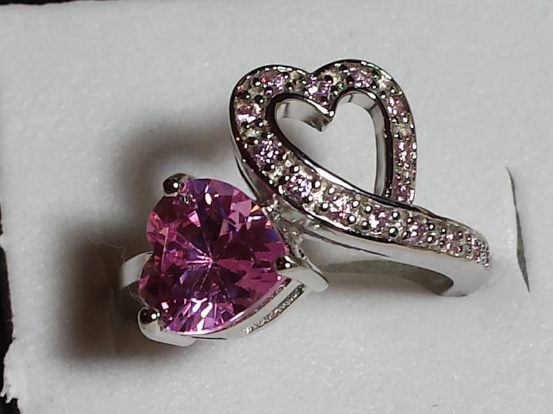 6 Size 2 ct Vintage Gatsby Pink Sapphire Gemstone Double Heart Sterling Silver Ring