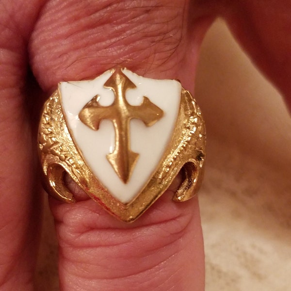 Vintage Men's Celtic Cross and Shield w/ White Enameling Gold Clad  over Solid Sterling Silver Ring Size - 12