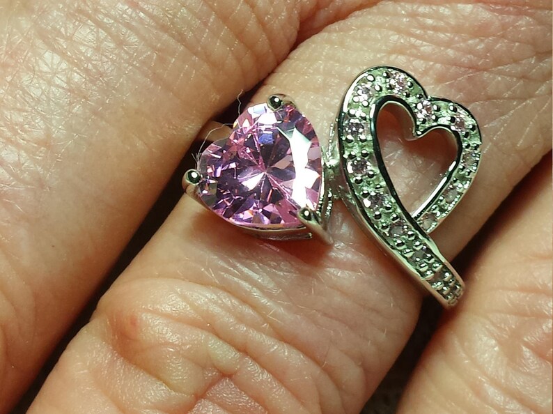 6 Size 2 ct Vintage Gatsby Pink Sapphire Gemstone Double Heart Sterling Silver Ring