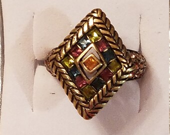 Vintage Art Deco Heidi Daus Multi Color Austrian Crystal Stones Oxidized Bronze Size 5 Ring