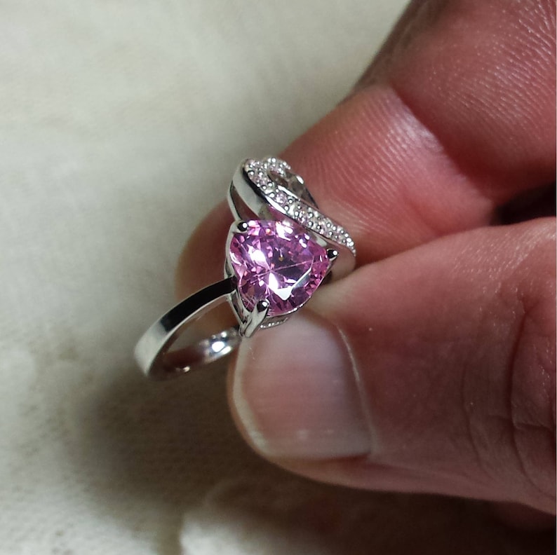 6 Size 2 ct Vintage Gatsby Pink Sapphire Gemstone Double Heart Sterling Silver Ring