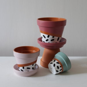 Hand painted terracotta plant pot for houseplants | Customisable pot with drainage and saucers to match | Great plant gift idea