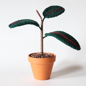 May include: A crocheted plant with green leaves and red veins, in a terracotta pot. The plant is a realistic representation of a houseplant.