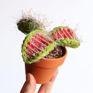 Può includere: Una pianta carnivora Venus flytrap realizzata all'uncinetto con foglie verde brillante e interni rosso vivace, caratterizzata da frange bianche e soffici lungo i bordi. La pianta è inserita in un piccolo vaso in terracotta con base marrone.