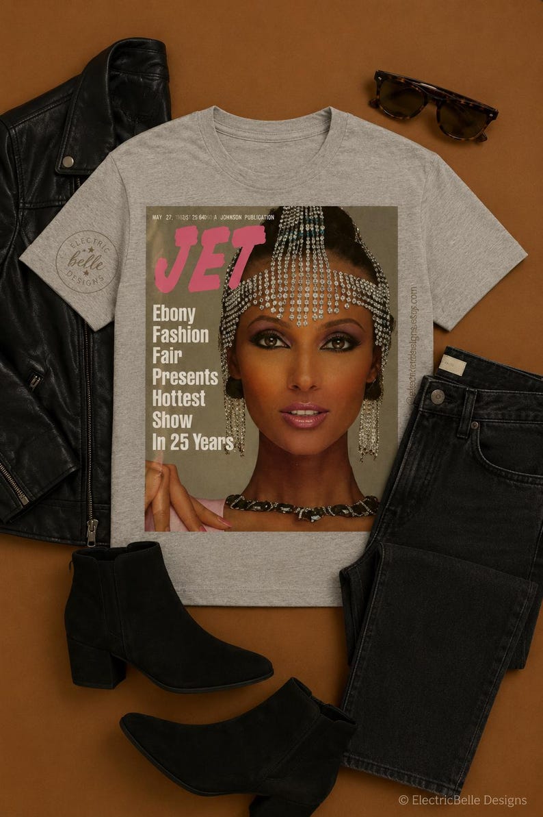 IMAN Vintage JET Magazine Ebony Fashion Fair T-Shirt | Black Fashion History | Retro Magazine Cover Tee | IMAN Jet Beauty Unisex Shirt | 80s image 1