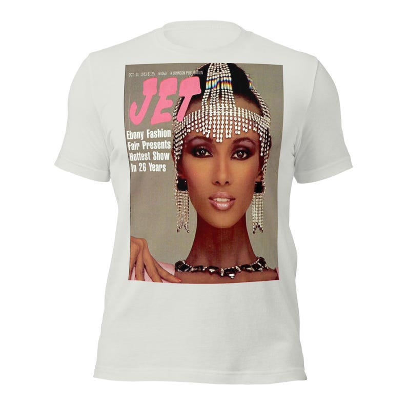 IMAN Vintage JET Magazine Ebony Fashion Fair T-Shirt | Black Fashion History | Retro Magazine Cover Tee | Unisex Cotton Shirt