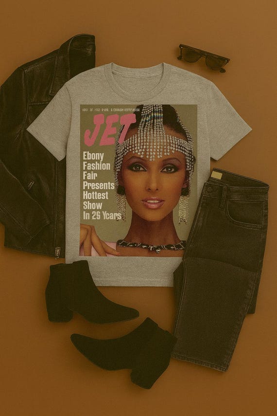 IMAN Vintage JET Magazine Ebony Fashion Fair T-Shirt | Black Fashion History | Retro Magazine Cover Tee | IMAN Jet Beauty Unisex Shirt | 80s