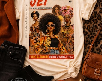 Afro Glamour Vintage Magazine Tee | Black Women Fashion Art Shirt | Afrocentric Fall Graphic Tee | Retro Editorial Style Tee | Black Barb