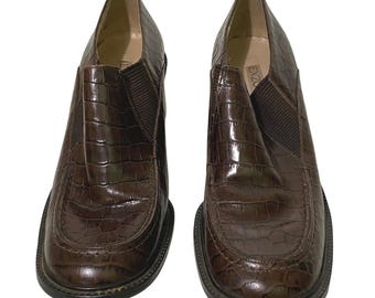 Vtg 90s Enzo Angiolini Brown Croc Embossed Leather Loafers 9M Dark Academia Prep