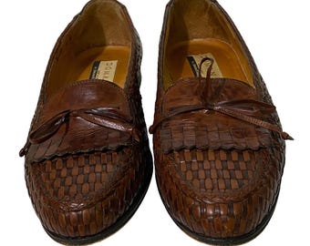 Vtg 90s Domani Johnston & Murphy Woven Leather Kiltie Loafers Brown Italy 7 M