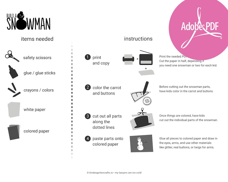 Snowman Cut and Paste Craft for Kindergarten Kids (download) Etsy