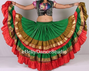 Ruffled Belly Dance Skirt - Green, Red & Gold Sari Border - ATS Costume - Tribal Fusion