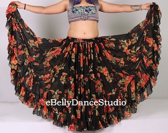 Black Floral Skirt/35 Yard Skirt/Gypsy Skirt/Flamenco Skirt/Belly Dance Skirt/Tribal Skirt//Bohemian/Festival/4 Tiered/Renaissance/ATS Skirt