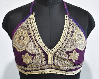 Haut dos nu violet/brassière à sequins/haut court bohème/haut hippie/haut festival/soutien-gorge/haut de danse du ventre/sari tribal/haut dos nu/haut de plage/haut dos nu