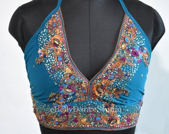 Brassière bleu sarcelle à sequins/Haut court dos nu/Haut dos nu/Haut court bohème/Hippy/Haut festival/Haut de danse orientale/Haut dos nu tribal/Sari/Haut de plage