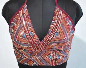 Kastanienbraunes Neckholder Top/Pailletten Bralette/Boho Crop Top/Hippy Top/Halter Bralette/Festival Top/Bauchtanz Top/Tribal/Sari Neckholder Top/Rückenfreies Top