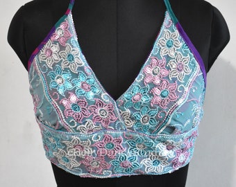 Sequin Halter Top, Sky Blue Embroidered Bralette, Festival Belly Dance Top