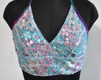 Haut dos nu/brassière à sequins/soutien-gorge avec perles/débardeur bohème/haut à paillettes/brassière dos nu hippie/haut festival/soutien-gorge/danse du ventre/tribal/sari haut dos nu