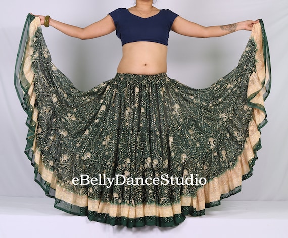 Glittery Maharani 25 Yard Skirt - Dark Green Georgette, Belly