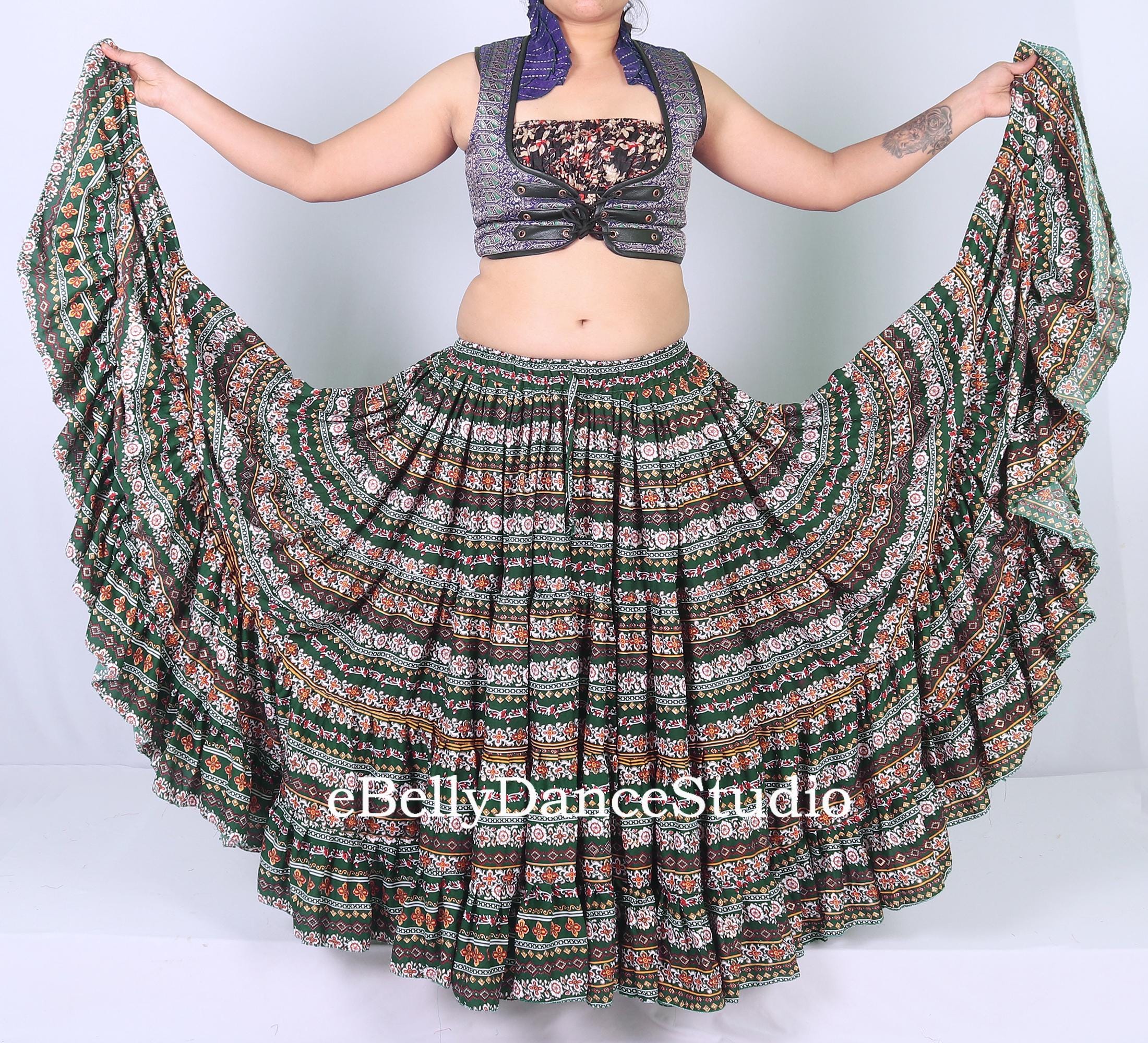 25 Yard Belly Dance Skirt: Dark Green Cotton, Tribal Gypsy Style