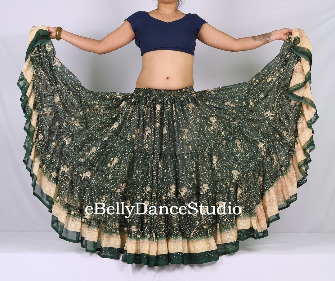 Glittery Maharani 25 Yard Skirt - Dark Green Georgette, Belly