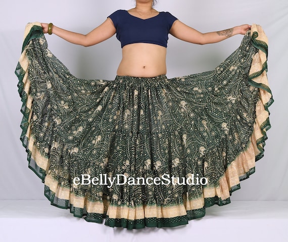 Glittery Maharani 25 Yard Skirt - Dark Green Georgette, Belly