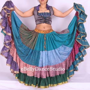 Schillernder Seiden Sari 25m Rock, 4 Stufen, Patchwork, Gypsy,Tribal, Bauchtanz, Cosplay, FCBD