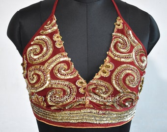 Top dos nu rouge/brassière à sequins/top court/top bohème/brassière dos nu hippie/top festival/haut de danse orientale/top licou tribal/sari/top dos nu/soutien-gorge