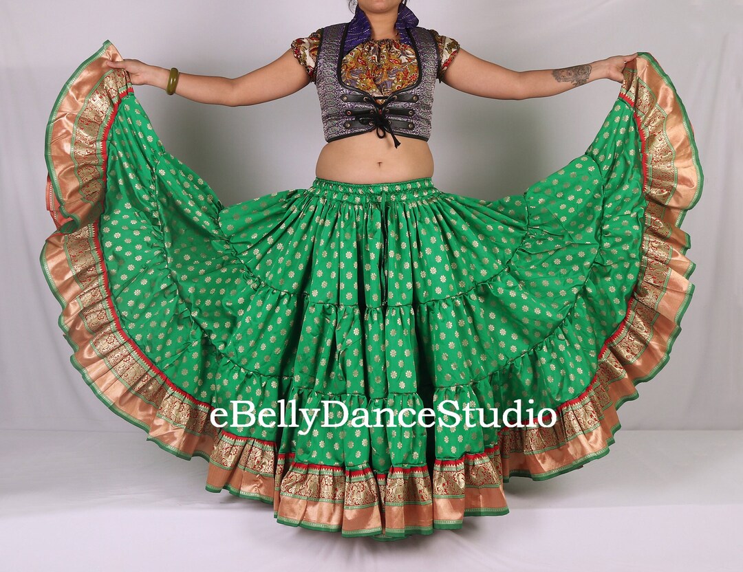25 Yard Gypsy Tribal Dancer Skirt - Black Cotton Tiered Long Skirt Size L