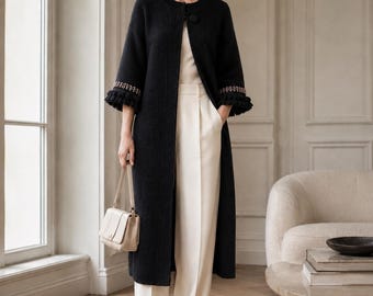 RED Valentino 100% Wool Cardigan Coat, Size M, Black Long Knit Coat with Beaded Fringe Sleeves
