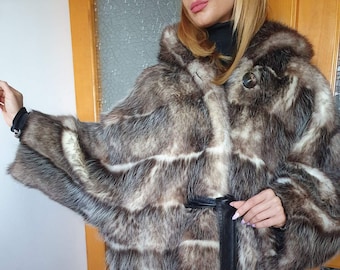 Vintage Raccoon Fur Kimono Coat: Hooded Belted Jacket DDP delivery