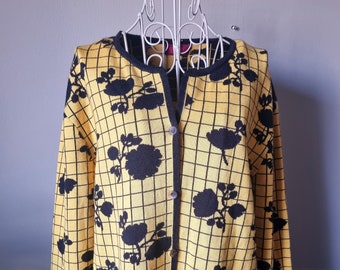 Vintage Oleana Cardigan Wool Silk Blend Yellow Graph Paper Posy  Floral Nordic Womens Clothing DDP Delivery