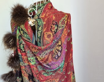 Ethno Boho Rabbit Fur Stole Scarf Shawl with Pom Poms DDP Delivery