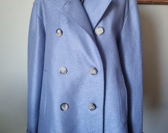 Harris Wharf London Blue Wool Peacoat Jacket, Double Breasted Oversized Collar Coat, Minimal Designer Wool Jacket