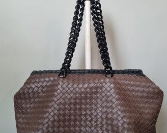 Bottega Veneta Intrecciato Woven Leather Brick Bag Brown / Black