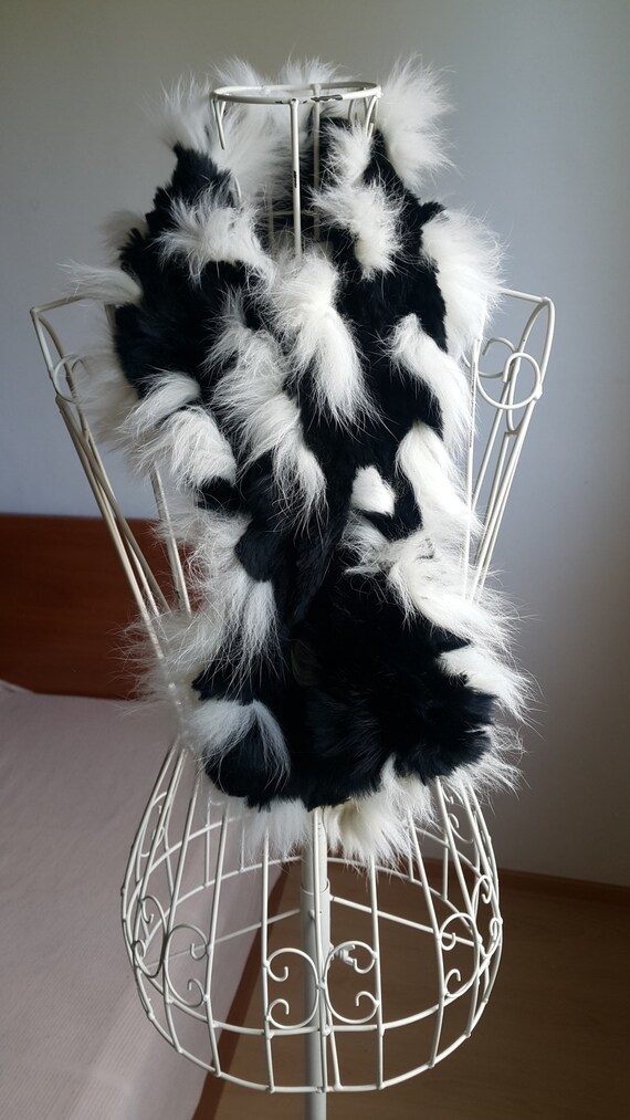 Rabbit Fur Scarf , Black White Rabbit Fur, Black R