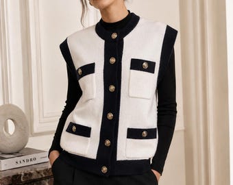Sandro Black & White Sleeveless Knit Sweater Vest, Size 0, Gold Button Cardigan Vest, Parisian Designer Knit