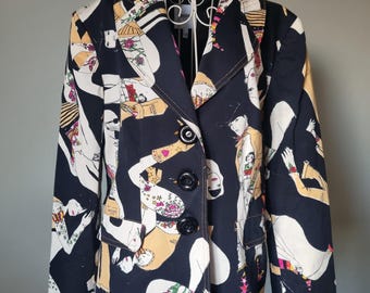 Vintage MOSCHINO JEANS Blazer: Black Floral Tattoo Print, Size M DDP Delivery