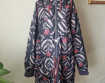 Gudrun Sjödén Reversible Hooded Jacket with Matching Backpack, Purple Floral Print Coat, Boho Lagenlook Jacket size M or L