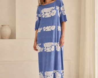Falconeri Blue Floral Maxi Dress, Fringe Hem Dress, Italian Designer Boho Summer Dress