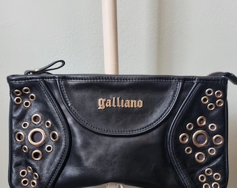 Vintage Galliano Black Leather Clutch Bag with Gold Eyelet Detail