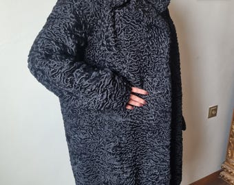 Vintage Black Astrakhan Fur Coat: Persian Lamb Swakara DDP delivery