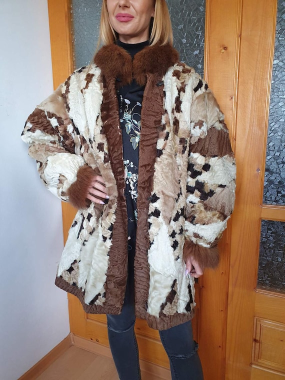 Vintage real Lamb Fur Coat, Patchwork Fur Coat, Bo