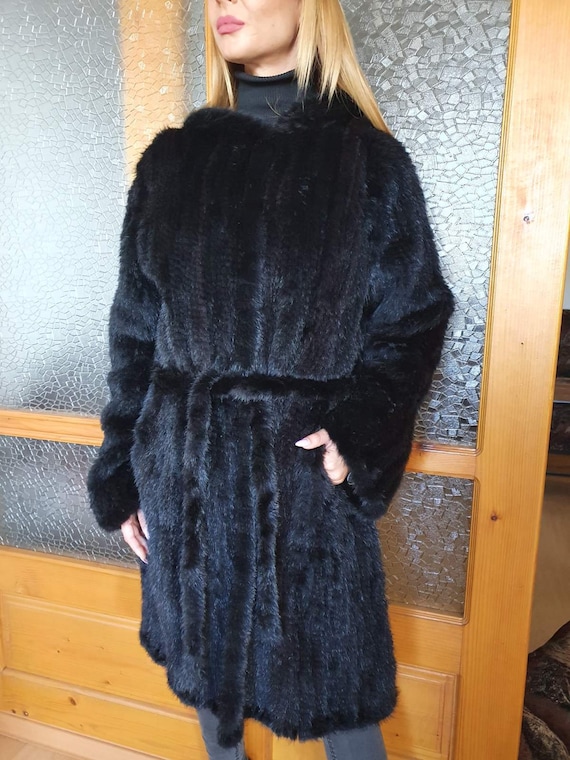 Knitted Mink Fur Coat, Black Mink Fur Coat, Hooded