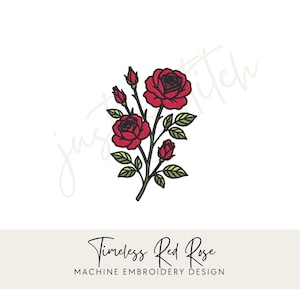 Könnte beinhalten: Gesticktes Design einer roten Rose mit grünen Blättern und Knospen an einem schwarzen Stiel. Der Text "Timeless Red Rose" und "Machine Embroidery Design" stehen darunter.