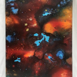 Pu&ograve; includere: Dipinto astratto con sfondo scuro e schizzi di vernice blu, arancione e gialla. Il dipinto ha una superficie testurizzata e un effetto vorticoso, cosmico.