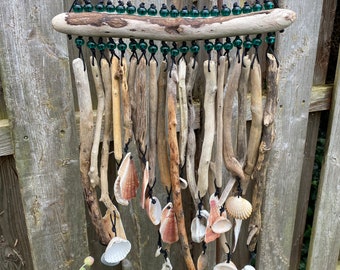 Mobile made of driftwood and shells, driftwood mobile, wind chime, sound game