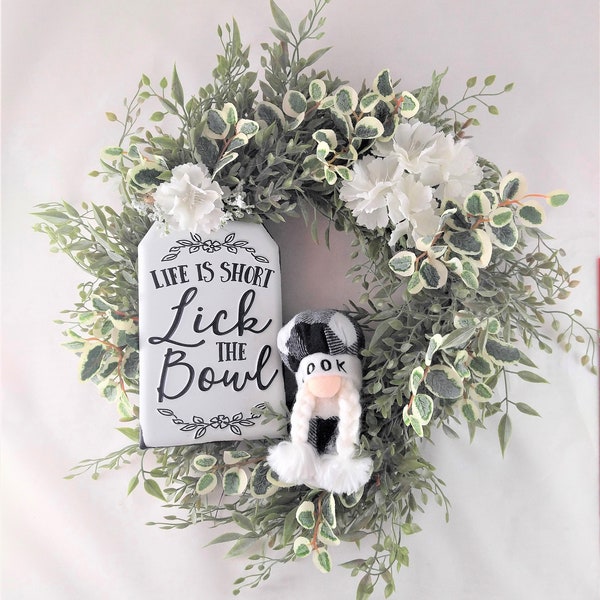 Farmhouse Kitchen Cook Wreath, Mother's Day Gift,Gnome Collector Gift,Chef Cook Wall Decor,Life is Short Lick the Bowl Sign,Gnome Gift Decor