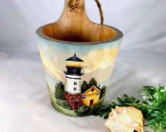 Coastal Home Decor: Lighthouse Wood Painted Bucket, Nautical Gift